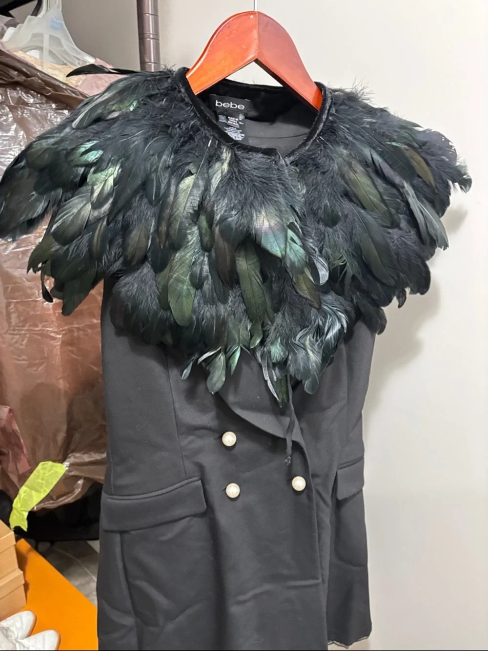 bebe Iridescent Black Feather Capelet with Green and Purple Sheen - Picture 5 of 5